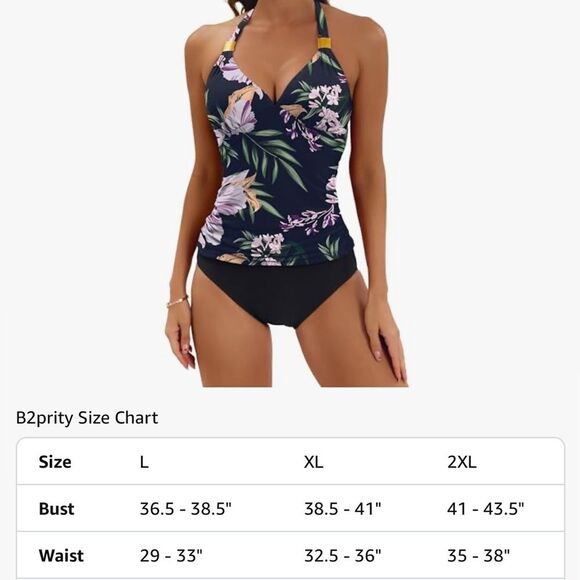 B2prity Halter Tankini Swimsuit for Women Tummy Control Floral Black Purple L - Picture 7 of 7
